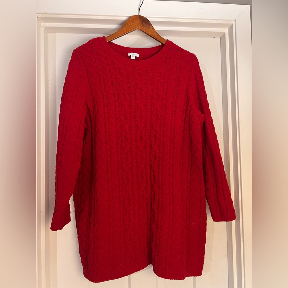 J. Jill Size 1X Chenille Red Cable Knit Sweater Top Tunic Pullover Cozy Crewneck